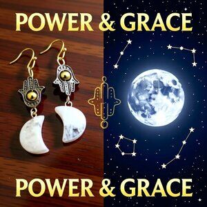 Luna Moon Goddess Earrings! Quartz Moons & Hamsa Hand - Protection & Blessings